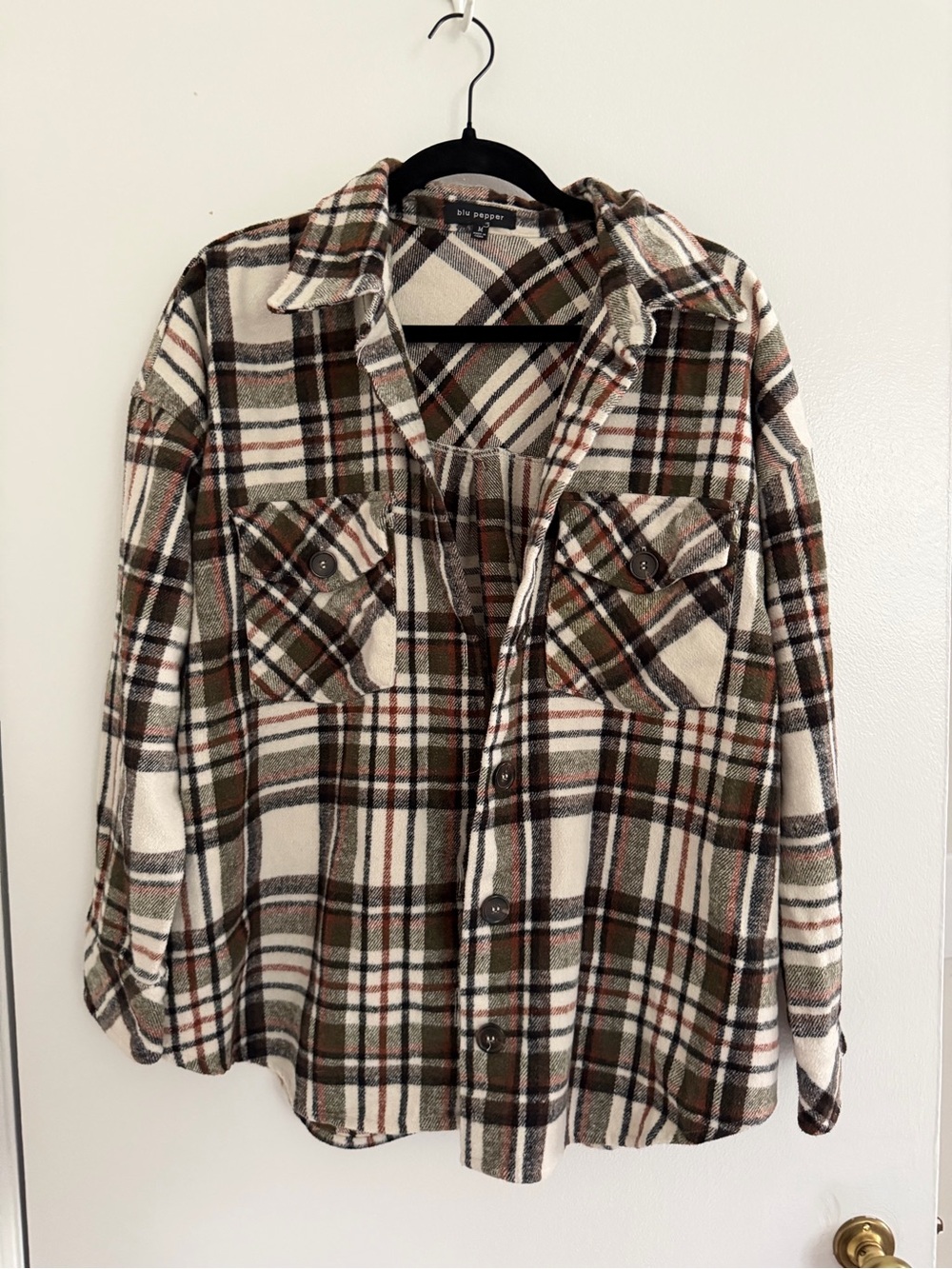 Blu Pepper Plaid Button-Down Shirt Jacket - Olive, Cream & Brown